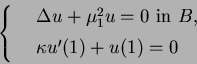 \begin{displaymath}
\left\{
\begin{array}{rl}
&\Delta u+\mu_1^2 u=0\ {\rm in }\ B,\vspace{5pt}\\
&\kappa u'(1)+u(1)=0
\end{array}\right.
\end{displaymath}
