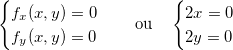 \[  \begin{cases}  f_ x(x,y)=0 \\ f_ y(x,y)=0 \end{cases} \quad \text {ou}\quad \begin{cases}  2x=0 \\ 2y=0 \end{cases}  \]