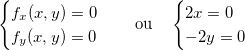 \[  \begin{cases}  f_ x(x,y)=0 \\ f_ y(x,y)=0 \end{cases} \quad \text {ou}\quad \begin{cases}  2x=0 \\ -2y=0 \end{cases}  \]