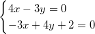 \[  \begin{cases}  4x-3y=0\\ -3x+4y+2=0 \end{cases}  \]