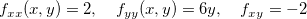 \[  f_{xx}(x,y)=2, \quad f_{yy}(x,y)=6y, \quad f_{xy}=-2  \]