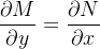 \[  \frac{\partial M}{\partial y}=\frac{\partial N}{\partial x} \]
