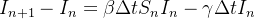 \begin{equation} \label{edo13} I_{n+1}-I_ n=\beta \Delta t S_ n I_ n-\gamma \Delta t I_ n \end{equation}
