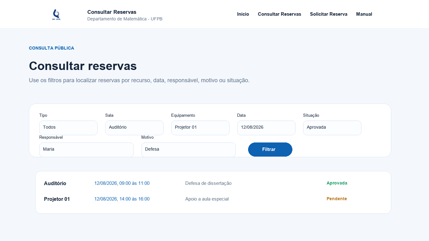 Tela Consultar Reservas com filtros