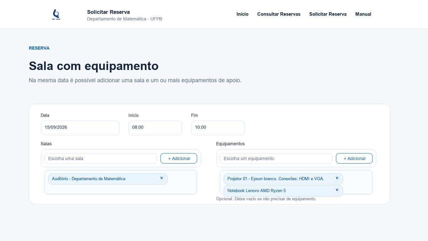 Exemplo de reserva de sala com equipamentos