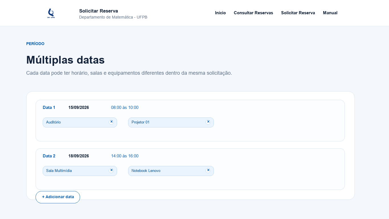 Exemplo de múltiplas datas com recursos diferentes