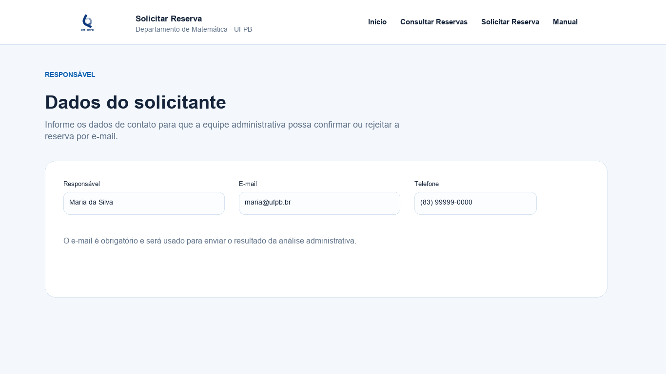 Campos de responsável e contato