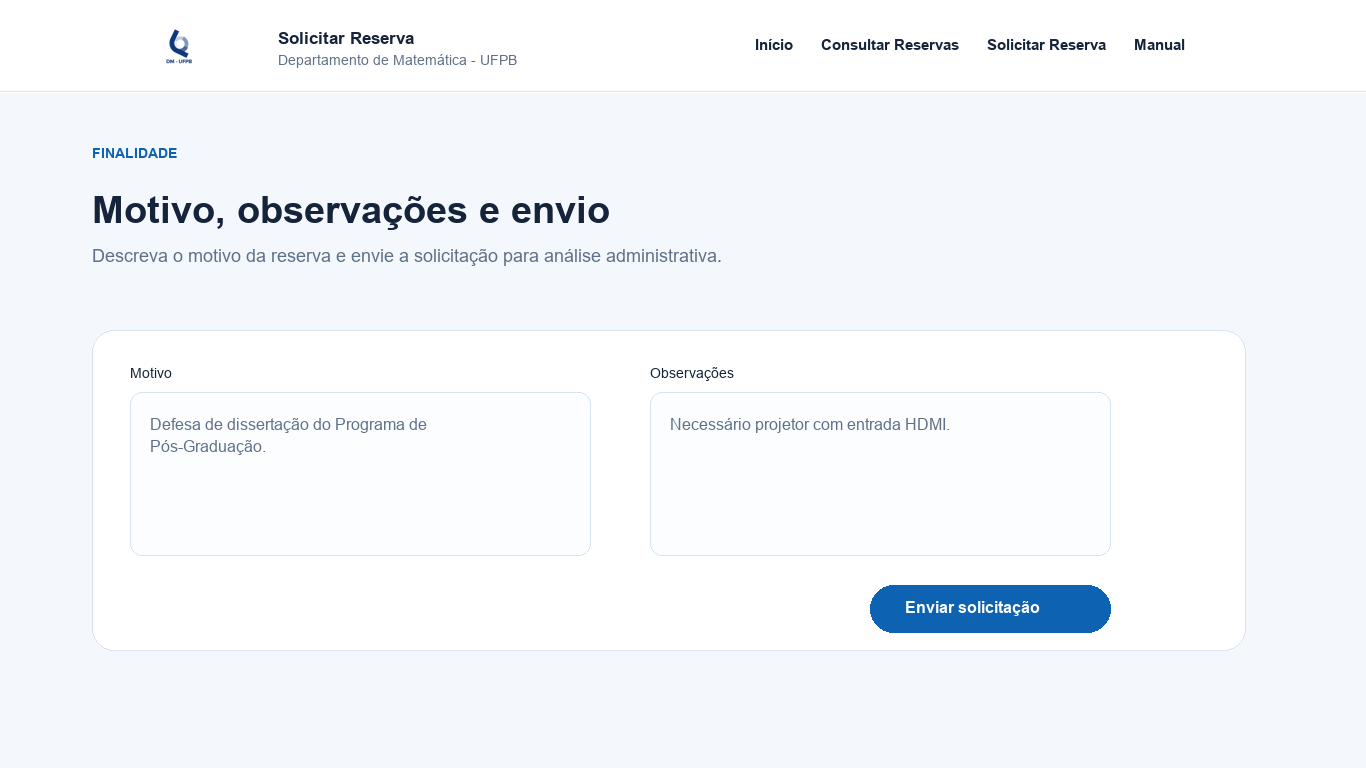 Campos de motivo, observações e botão de envio