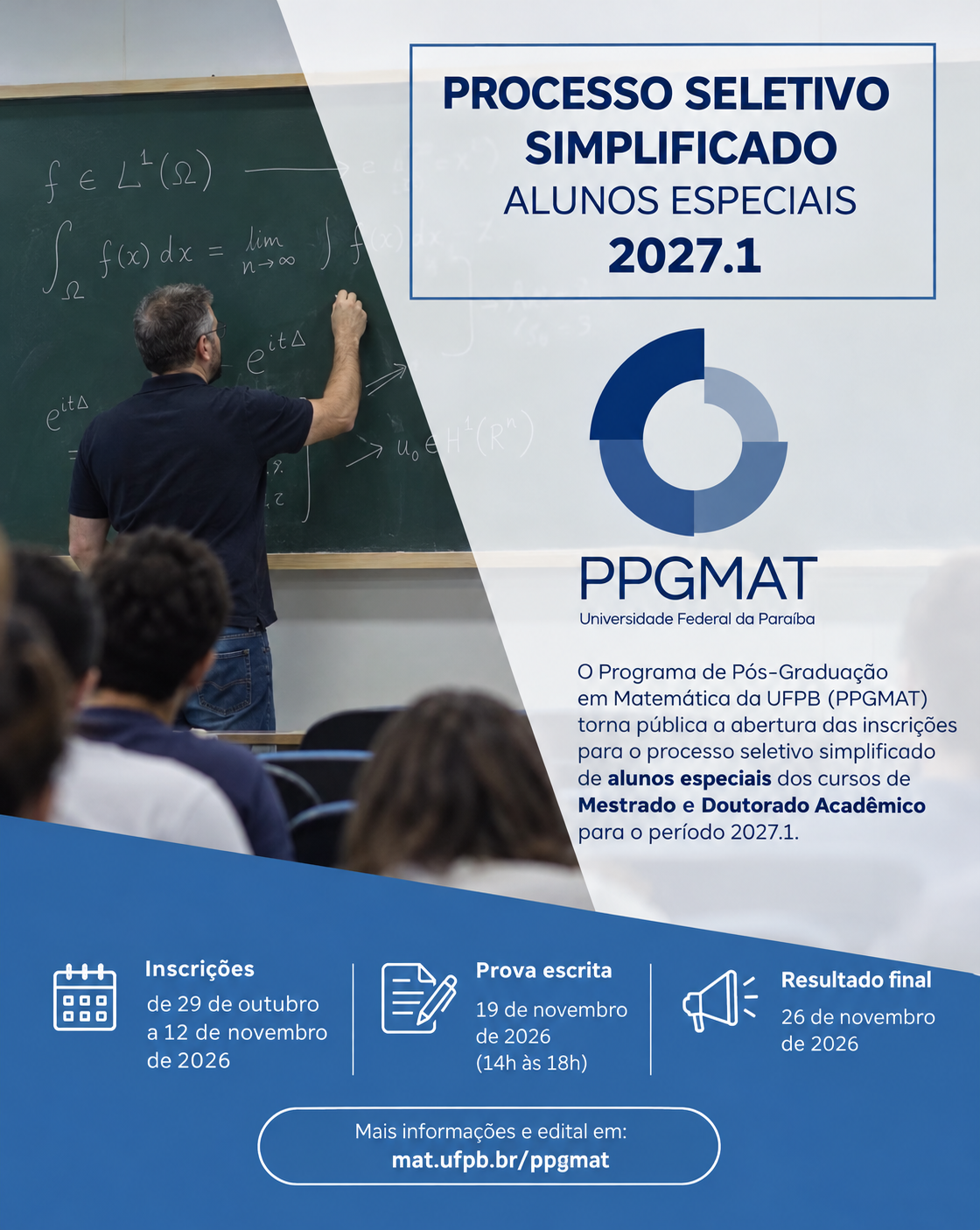 Divulgação do PPGMAT/UFPB abre seleção para alunos especiais de Mestrado e Doutorado para o semestre 2027.1